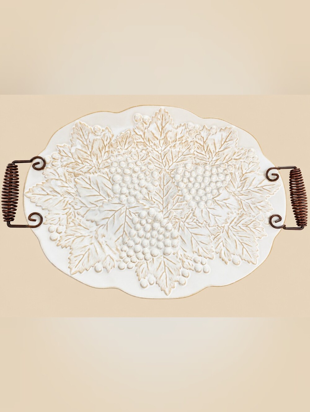 White Embossed Grape & Leaf Ceramic Serving Platter w/ Metal Handles Cottagecore